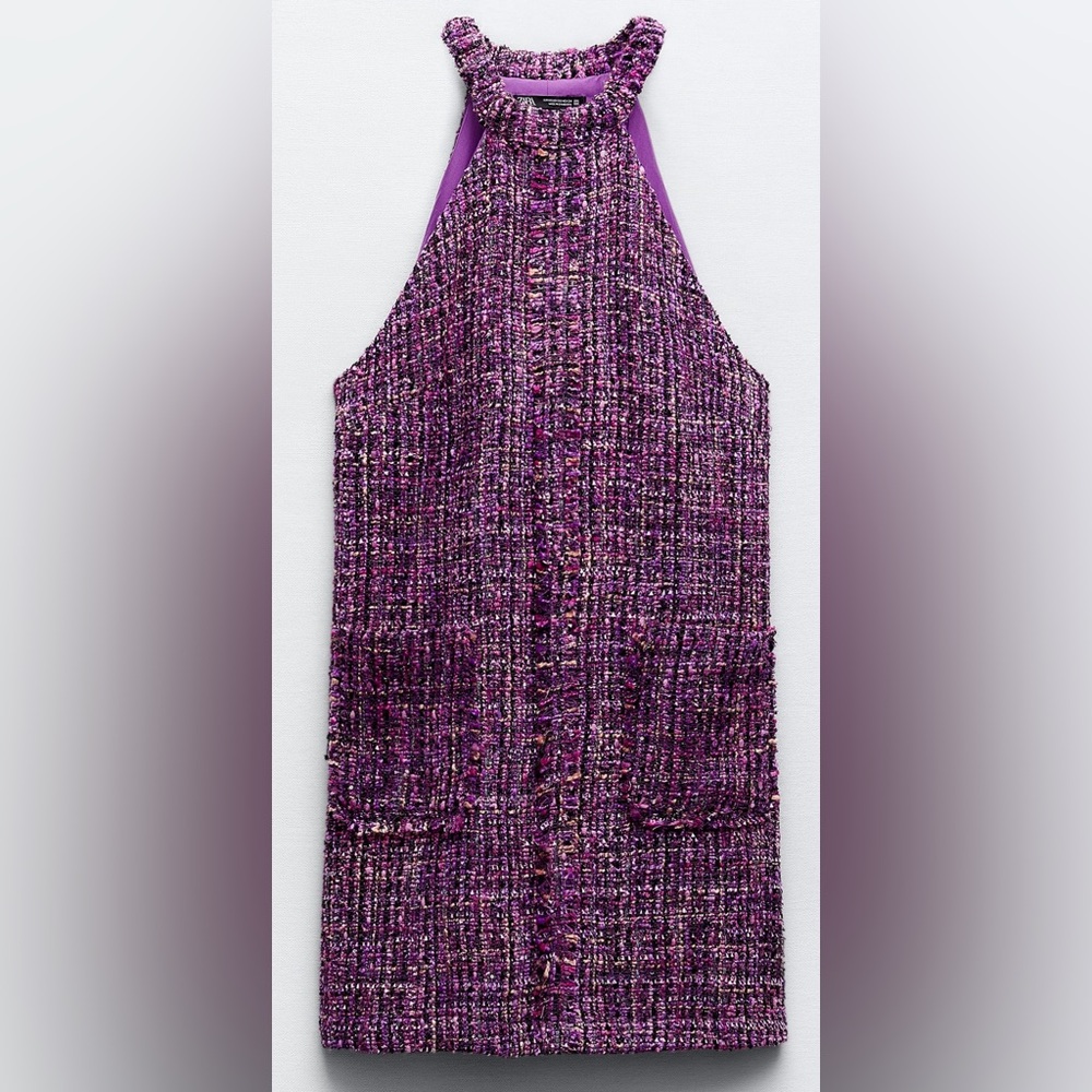 ZARA WOMAN NWT FW23 MULTICOLOR TEXTURED HALTER PINAFORE DRESS tweed LG